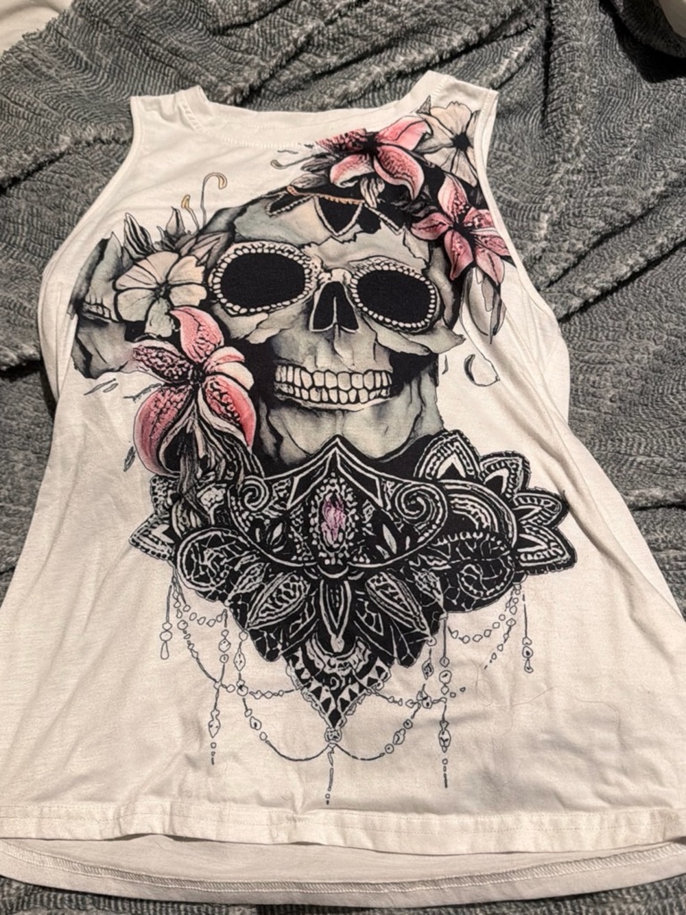 SHEIN White Skull & Pink Floral Graphic Tank
